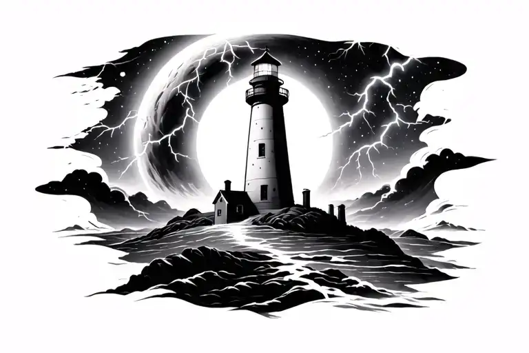 lighthouse, black hole, planet, lightning, storm, space tattoo design idea