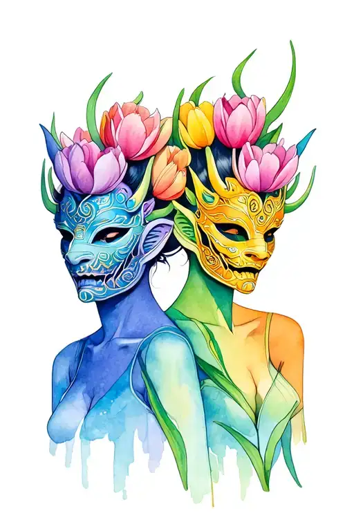 2 person that signifies gemini both wearing oni mask covered with tulips tattoo design idea