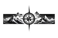 large compass surrounded by intricate geometric mountains and crashing waves, black and white, add triangle frame tattoo design idea