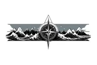 large compass surrounded by intricate geometric mountains and crashing waves, black and white, add triangle frame tattoo design idea