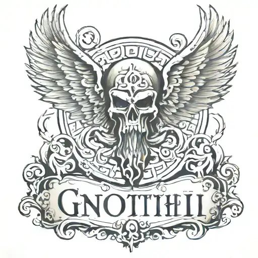 Gnothi seauton written in Greek on a stone slab tattoo design idea