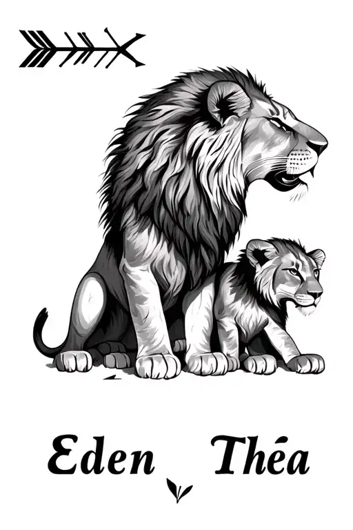 Lion Lioness 2 lion cubs arrow name Éden Théa tattoo design idea