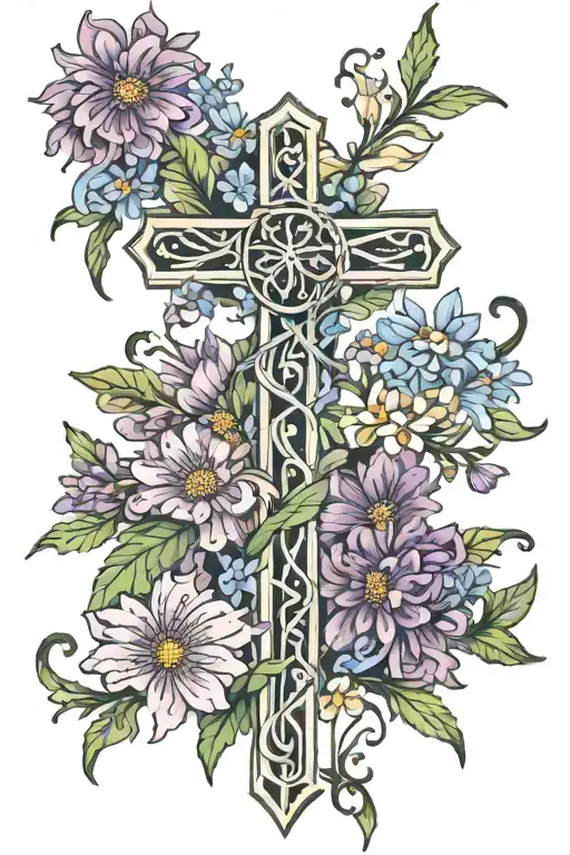 cross with aster flowers intertwined and psalm 1:3 word tattoo design idea