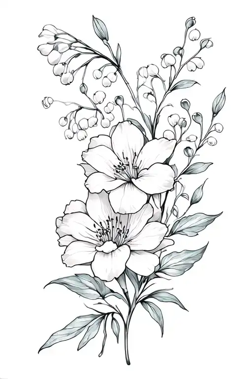 Lily of the valley, hawthorn, peony flowers in sleeve tattoo design idea