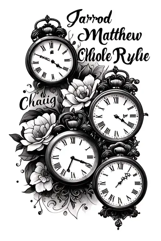 "Jarrod Matthew Chloe Rylee " "Craig Chloe Millie" 3 clocks left shoulder tattoo design idea