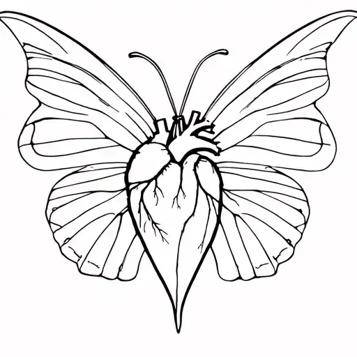 Anatomical heart 3 - 4cm fine line and linear butterfly open wings, minimalist, monochromatic wings off 2cm tattoo design idea