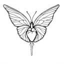 Anatomical heart 3 - 4cm fine line and linear butterfly open wings, minimalist, monochromatic wings off 2cm tattoo design idea