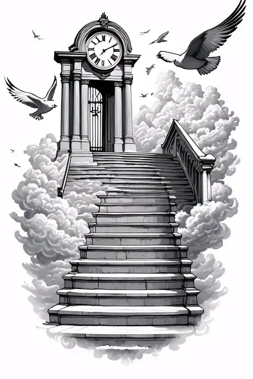 stairs going up to the gates of heaven with doves flying around in the clouds and a roman numeral clock tattoo design idea