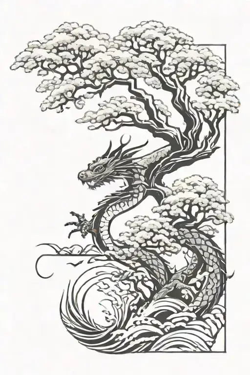 Japanese style trees and water dragon tattoo design idea