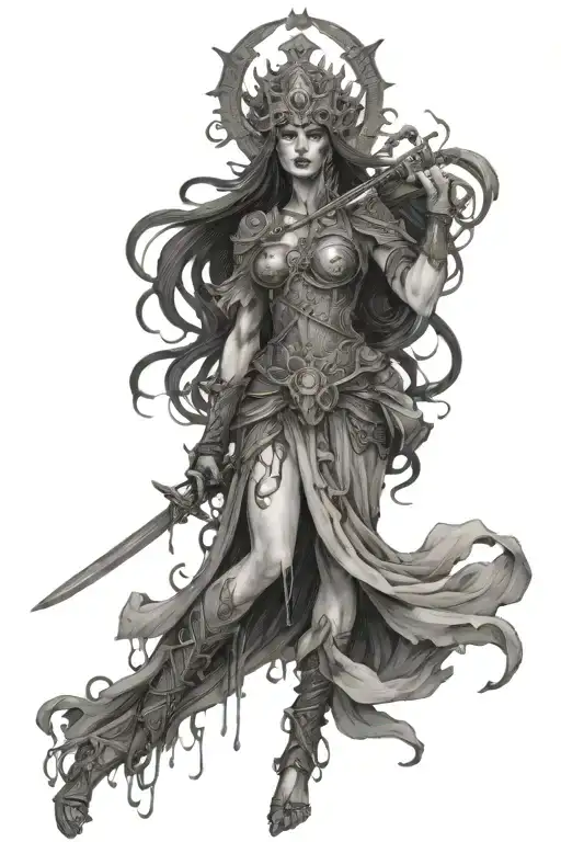 goddess of death in bloody battle scene tattoo design idea