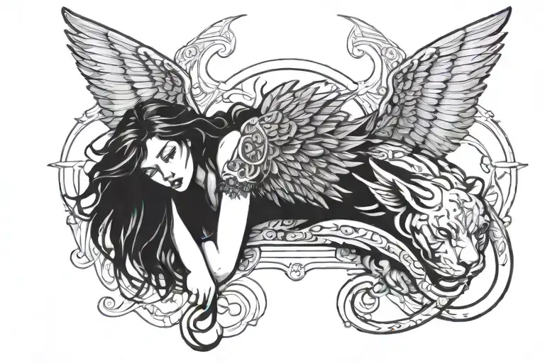 Woman dark angel with wings outline laying sideways on top of panther head  tattoo design idea