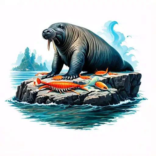 walrus spirit animal surounded by sea food and on a large rock tattoo design idea