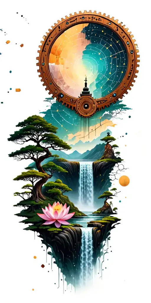 Collage of constellations, lush Buddhist-inspired landscape, trees, waterfall, wooden steampunk gears, lotus outline tattoo design idea