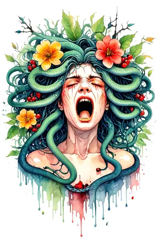 Medusa screaming and crying. Snakes as hair. bleeding flowers and forest fruits with thorns in background tattoo design idea