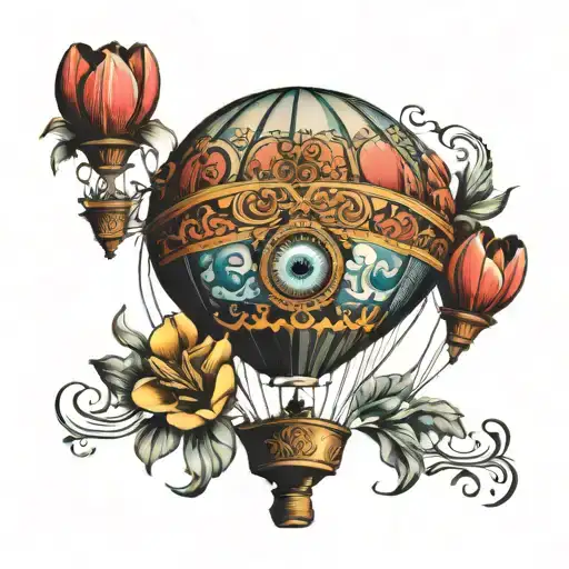 hot air balloon with evil eye and Turkish tulips  tattoo design idea