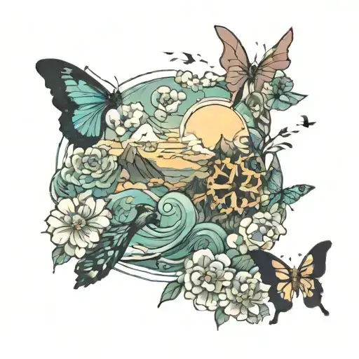 flowers, a butterfly, mountains, a sunrise, a dog paw, the ocean, fish, 11 birds, and a cross tattoo design idea