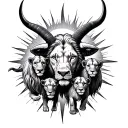 Taurus bull inside sun over lion and 3 cubs tattoo design idea