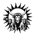 Taurus bull inside sun over lion and 3 cubs tattoo design idea