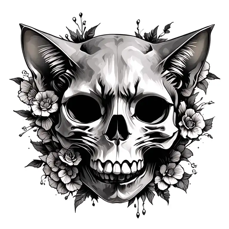 cat skull candy skull surrounded tattoo design idea