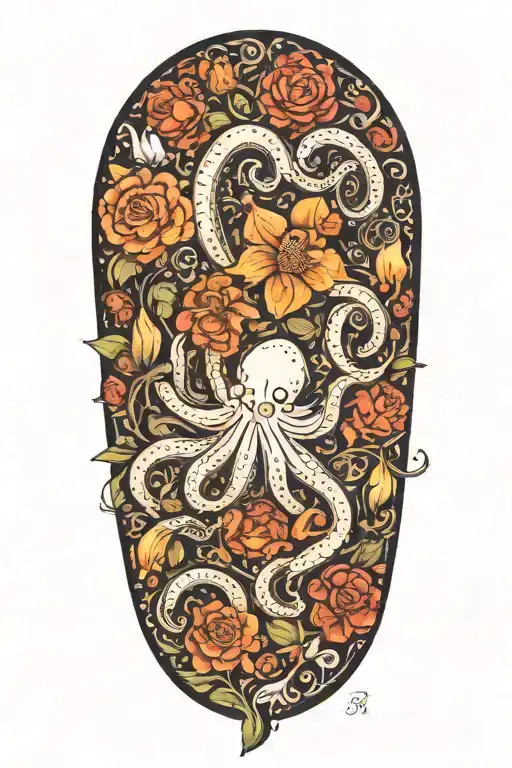 snowdrops, rose, marigold, daffodil, octopus tentacles tattoo design idea