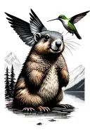 marmot and flying hummingbird in front of lake surrounded by mountains tattoo design idea