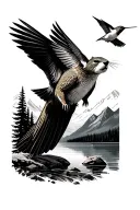 marmot and flying hummingbird in front of lake surrounded by mountains tattoo design idea