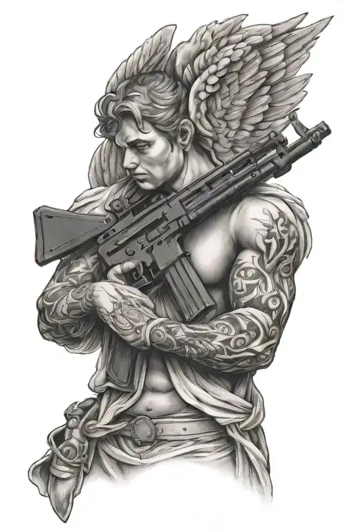 Angel holding an Ak 47 tattoo design idea