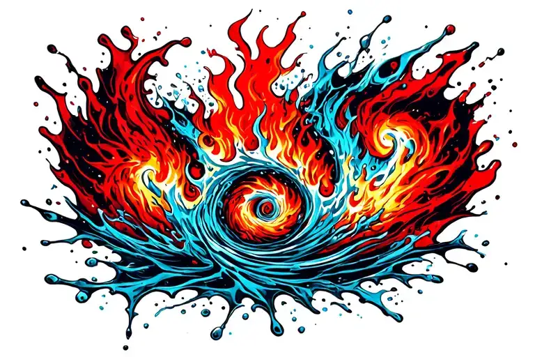 Spiral tattoo around upper thigh of fire and water clashing, red and blue energy, powerful and destructive harmony.  tattoo design idea