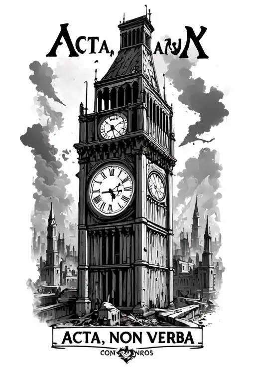 "Acta, non verba" ancient Roman clock tower crumbling with large ancient cityscape behind it tattoo design idea