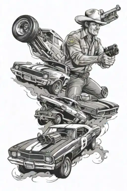 Create a tattoo inspired by the duke of hazzard and derby cars in a black and grey style tattoo design idea