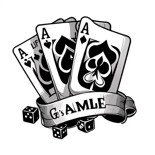 A tattoo sketch of the words life’s a gamble with three cards and some dice tattoo design idea