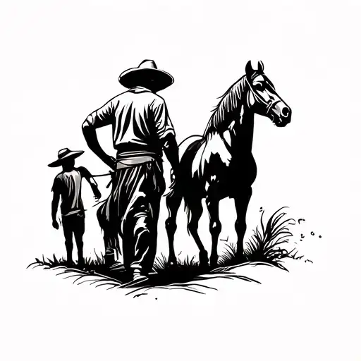A minimalist black tattoo of a Peruvian farmer leading a horse with his grandson, viewed diagonally from behind tattoo design idea