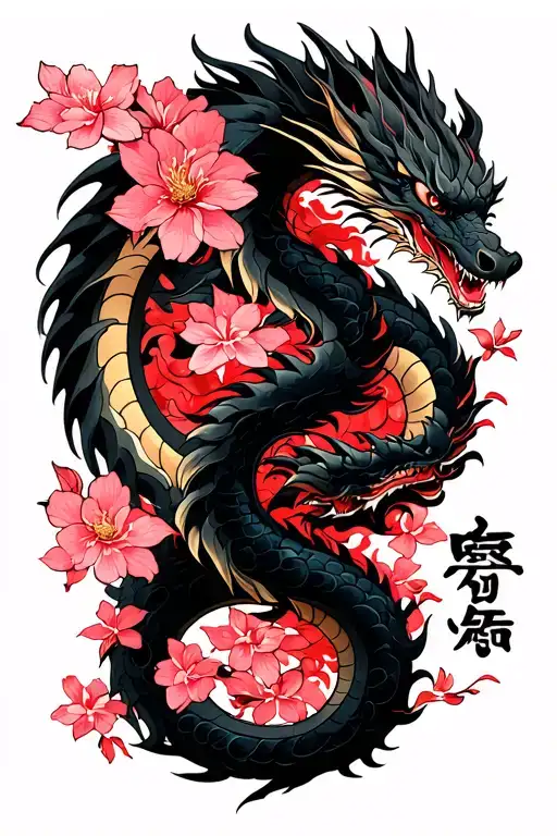 "言わぬが花" Include the text vertically down the forearm.  Have a black dragon swirling around the arm with a base of cherry blossom tattoo design idea