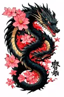 "言わぬが花" Include the text vertically down the forearm.  Have a black dragon swirling around the arm with a base of cherry blossom tattoo design idea