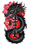 "言わぬが花" Include the text vertically down the forearm.  Have a black dragon swirling around the arm with a base of cherry blossom tattoo design idea