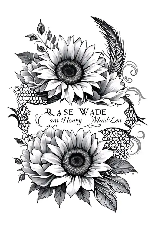 "Rase Wade, Cam Henry, Maud Lea" sunflower, peonies, lily, honeycomb, peacock feathers and swirls tattoo design idea