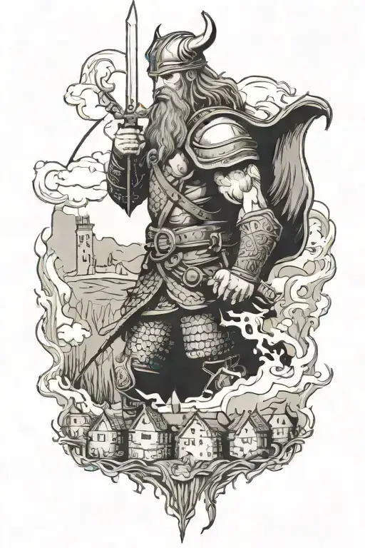 Viking after a war with medieval castle on background tattoo design idea