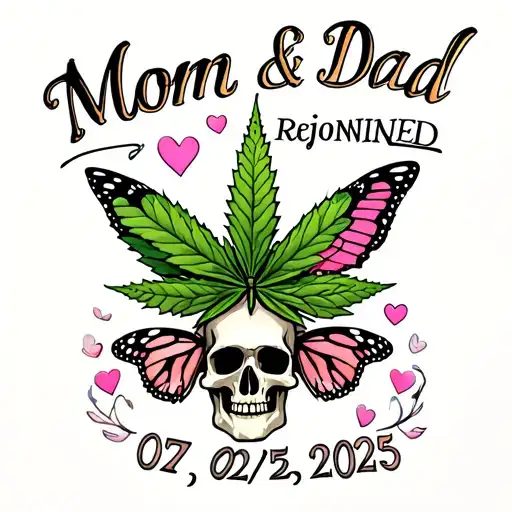 "Mom & Dad rejoined 01/25/2025" a memorial tattoo incorporating a cannabis leaf,  butterflies, a skull, and hearts tattoo design idea