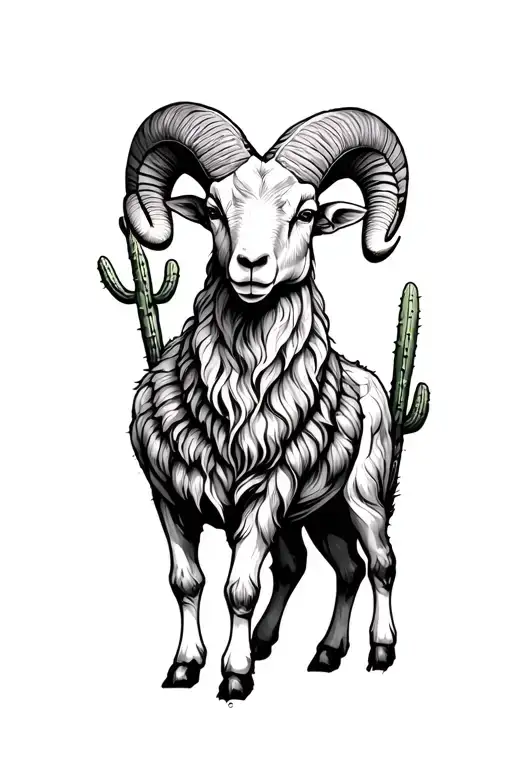 Aries ram standing with cacti tattoo design idea