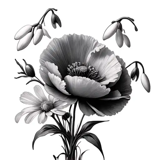 Poppy And Snowdrop flower bouquet tattoo design idea