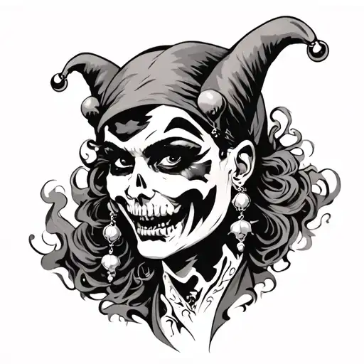 creepy jester with earrings, skulls and smoke coming tattoo design idea