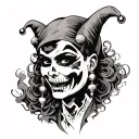 creepy jester with earrings, skulls and smoke coming tattoo design idea