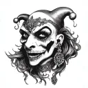 creepy jester with earrings, skulls and smoke coming tattoo design idea