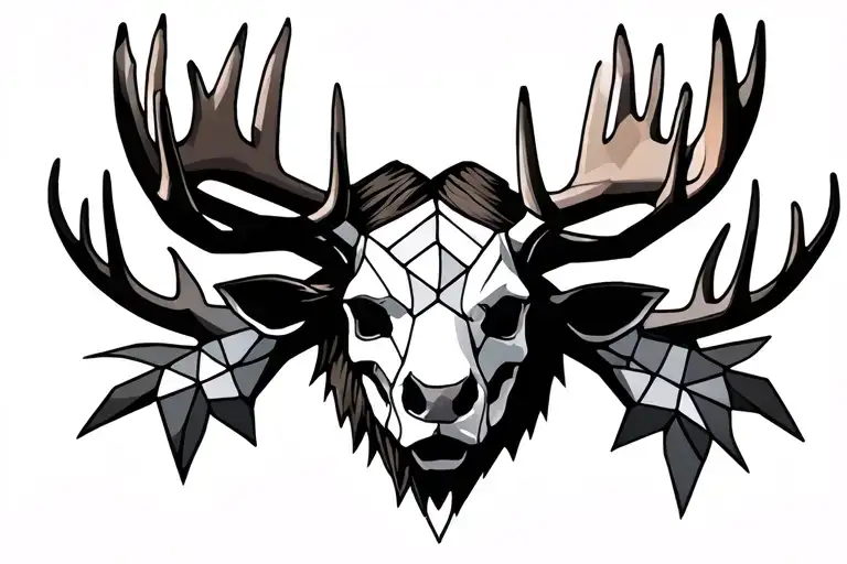 moose head, skeleton, with antlers that are stained glass, geometric  tattoo design idea