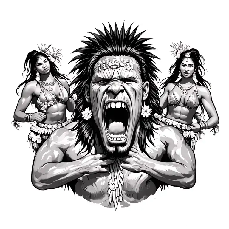upper back massive koa warrior front-facing scream battle cry (ha'a posure) mid back two hula dancers in kahiko style da tattoo design idea