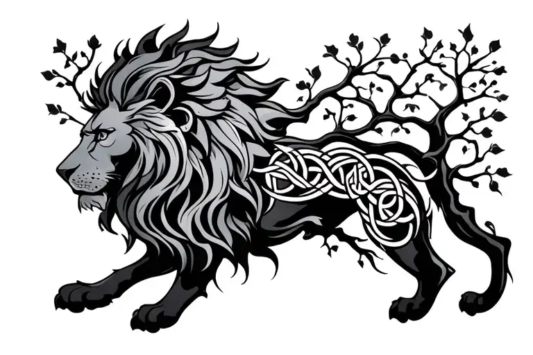 celtic tree with lion tattoo design idea
