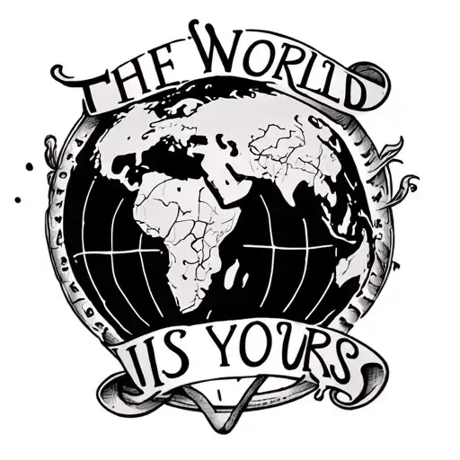 I want an old school tattoo, a globe with the phrase The World Is Yours tattoo design idea