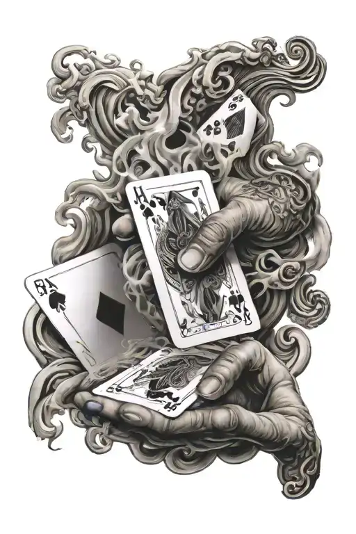 A croupier's hand dealing a winning hand of cards with smoke curling around them tattoo design idea