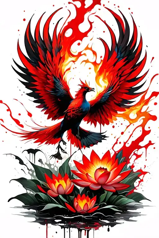 fiery phoenix flying emerging from lotus flowers tattoo design idea
