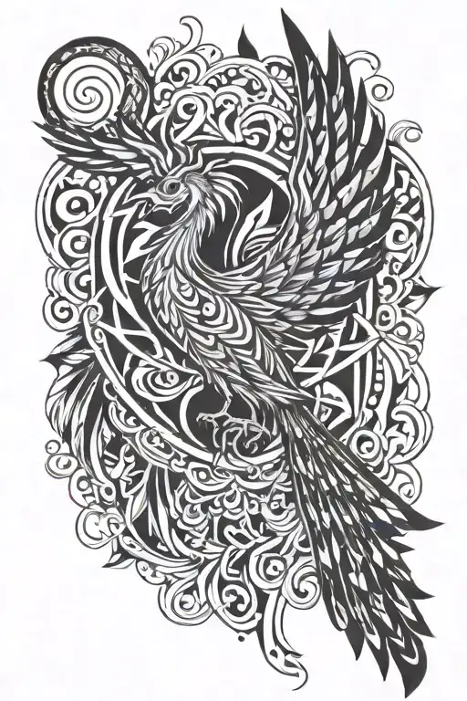 Phoenix underneath says "love conquers all" tattoo design idea